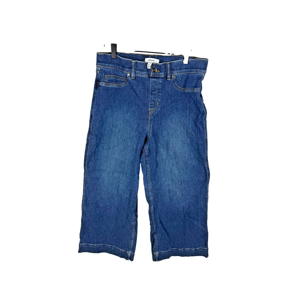 SPANX Cropped Jeans Womens Large Blue Stretch High Rise Wide Leg Denim Pants